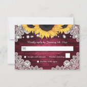 Burgundy Rustic Wood Lace Sunflower Wedding RSVP Karte (Vorderseite)