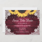 Burgundy Rustic Wood Lace Sunflower Wedding Save The Date (Vorderseite)