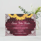 Burgundy Rustic Wood Lace Sunflower Wedding Save The Date (Stehend Vorderseite)
