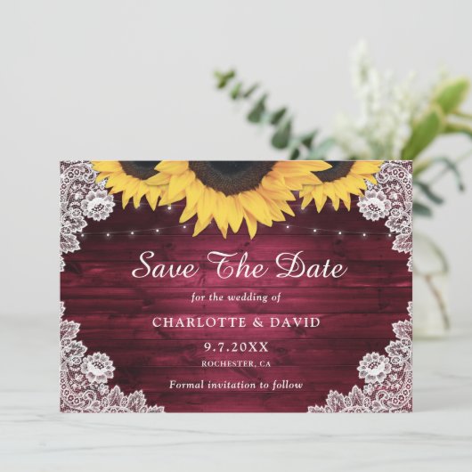Burgundy Rustic Wood Lace Sunflower Wedding Save The Date (Stehend Vorderseite)