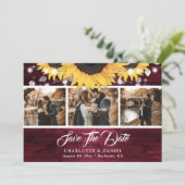 Burgundy Rustic Wood Sunflower Wedding Photo Save The Date (Stehend Vorderseite)