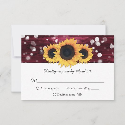 Burgundy Rustic Wood Sunflower Wedding RSVP Karte (Vorderseite)