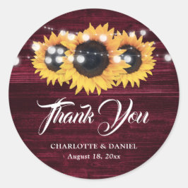 Burgundy Rustic Wood Sunflower Wedding Thank You Runder Aufkleber