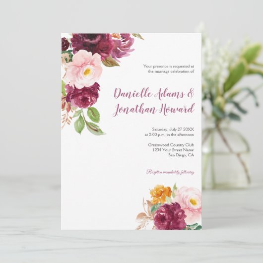 Burgundy Saffron Yellow Mauve Rustikale Hochzeit | Einladung (Stehend Vorderseite)