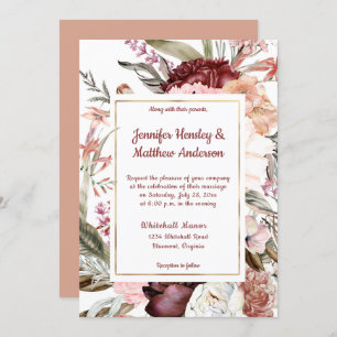 Burgundy Sandy Peach Dusty Rose Floral Wedding Einladung