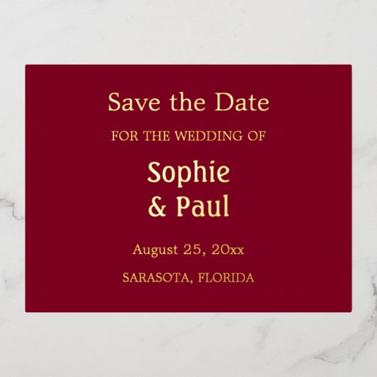 Burgundy Save the Date Foil Einladung Postkarte (Vorderseite)