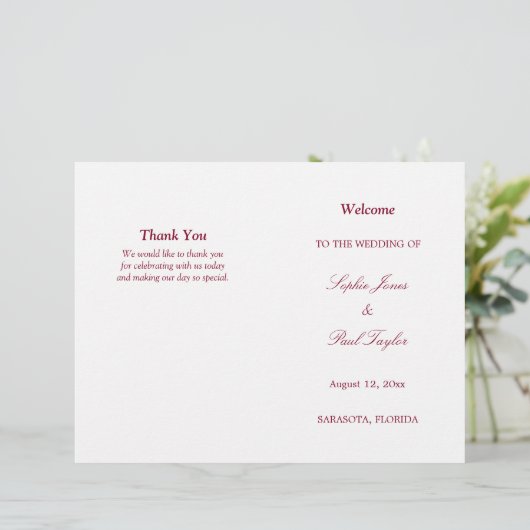 Burgundy Script Bi-Fold Wedding Program (Stehend Vorderseite)