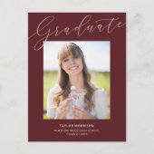Burgundy Script Graduate 1-Foto Abschluss Postkarte (Vorderseite)