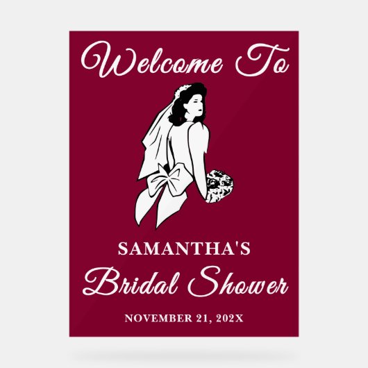 Burgundy Script Herbst Brautparty Willkommen Acrylschild (Vorderseite)