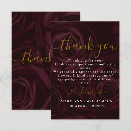 Burgundy Script Minimal Beerdigung Danke Karte (Vorne/Hinten)