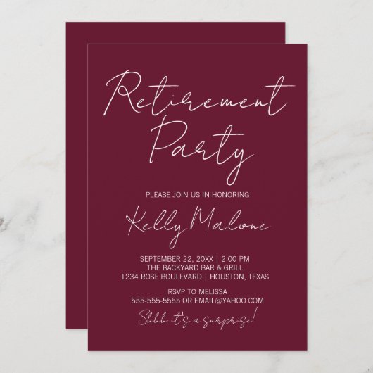Burgundy Script Retirement Party Einladung (Vorne/Hinten)