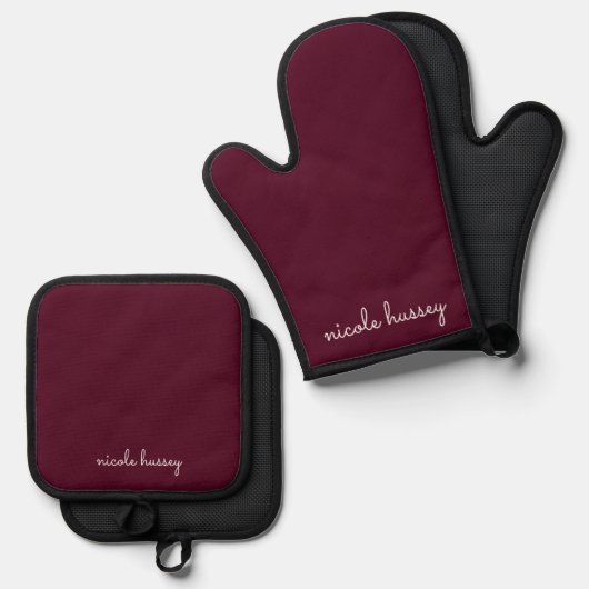 Burgundy Script | Stilvolle Monogram modern Ofenhandschuh & Topflappen-Set (Vorderseite/Rückseite)