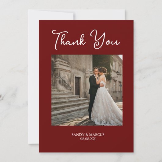Burgundy Script Wedding Foto Danke Karte (Vorderseite)