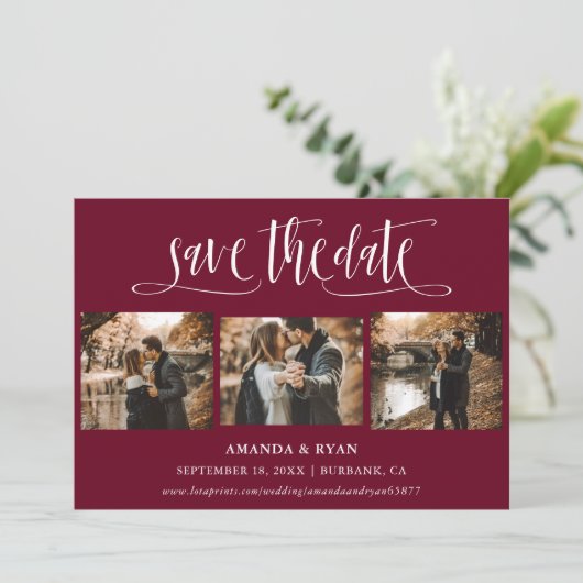 Burgundy Script Wedding Foto Save the Date (Stehend Vorderseite)