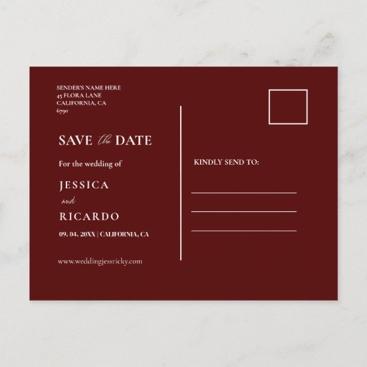 Burgundy Script Wedding Save the Date Foto Postkarte (Rückseite)
