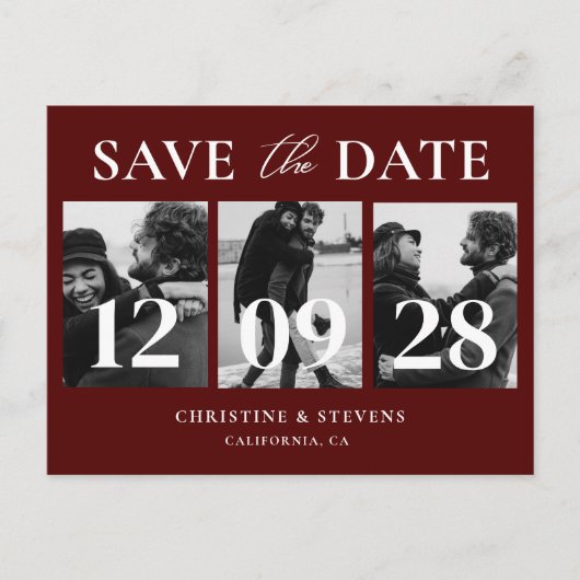 Burgundy Script Wedding Save the Date Foto Postkarte (Vorderseite)