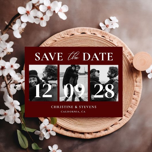 Burgundy Script Wedding Save the Date Foto Postkarte