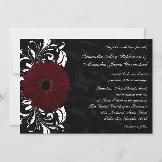 Burgundy Scroll Gerbera Daisy w/Black/White Einladung (Vorderseite)