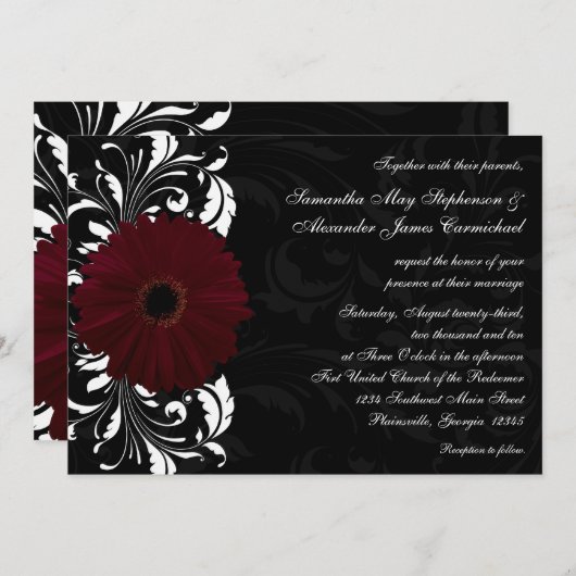 Burgundy Scroll Gerbera Daisy w/Black/White Einladung (Vorne/Hinten)