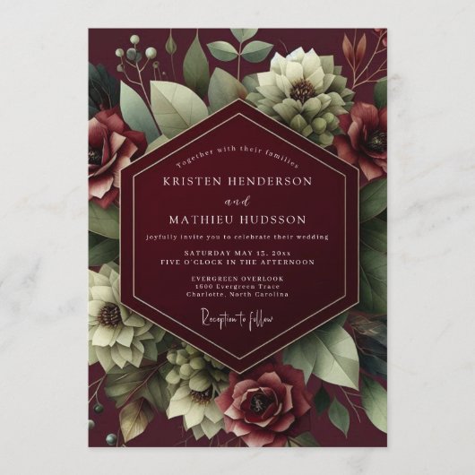 Burgundy Shadow Bloom Wedding Einladung (Vorderseite)