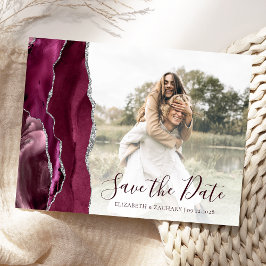 Burgundy Silver Agate Custom Foto Save the Date Postkarte