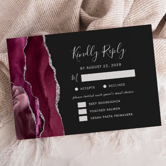 Burgundy Silver Agate Dark Meal Options Wedding RSVP Karte