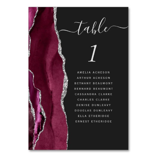 Burgundy Silver Agate Dark Wedding Tischnummer (Rückseite)
