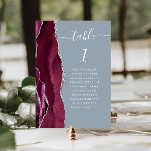 Burgundy Silver Agate Dusty Blue Wedding Tischnummer