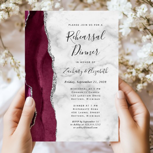 Burgundy Silver Agate Hochzeit Probe Dinner Einladung