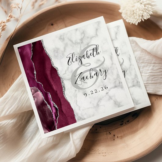 Burgundy Silver Agate Marble Wedding Napkins Serviette