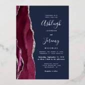 Burgundy Silver Agate Navy Blue Modern Wedding Folieneinladung (Vorderseite)