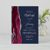 Burgundy Silver Agate Navy Blue Modern Wedding Folieneinladung (Stehend vorne)