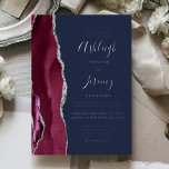 Burgundy Silver Agate Navy Blue Modern Wedding Folieneinladung<br><div class="desc">Der links Rand dieser eleganten,  modernen Hochzeitseinladung zeichnet sich durch eine bordeauxrote Aquarellgrenze aus,  die mit Imitaten aus silberem Glitzer bestickt ist. Der anpassbare Text kombiniert Handschrift,  Copperplate und kursiv Schriftart in echter Silberfolie auf marineblau Hintergrund. Auf der Rückseite ist ein passendes bordeauxfarbenes und silberfarbenes Design zu sehen.</div>