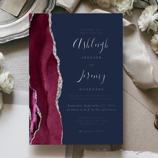 Burgundy Silver Agate Navy Blue Modern Wedding Folieneinladung