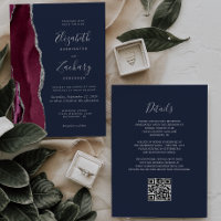 Burgundy Silver Agate Navy Blue QR Code Hochzeit