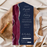 Burgundy Silver Agate Navy Blue Wedding All In One Einladung<br><div class="desc">Die links Kulisse dieser eleganten, modernen und einladenden Hochzeitseinladung und der UAWG mit einer bordeauxfarbenen, mit Imitaten bestickten Aquarellgrenze mit silberfarbenem Glitzer. Der anpassbare Text kombiniert silbergraue Handschrift, Copperplate und kursiv Schriftart auf marinebasischem Hintergrund. Die Rücksendeadresse erscheint auf der Außentafel und auf der Rückseite der abnehmbaren RSVP-Karte in silbergrauem Text...</div>