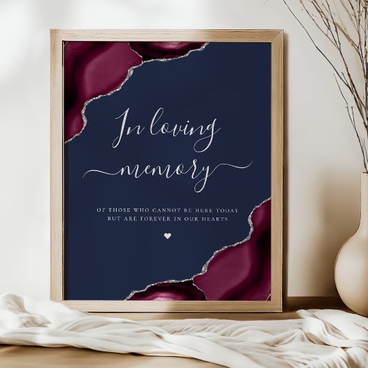 Burgundy Silver Agate Navy Blue Wedding Memorial Poster
