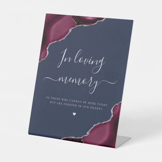 Burgundy Silver Agate Navy Blue Wedding Memorial Sockelschild (Vorderseite)