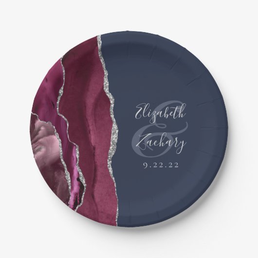 Burgundy Silver Agate Navy Blue Wedding Pappteller (Vorderseite)