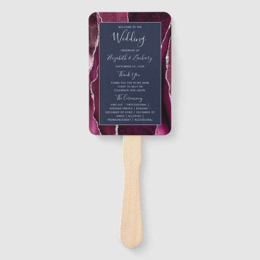 Burgundy Silver Agate Navy Blue Wedding Program Fächer (Vorderseite)
