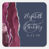 Burgundy Silver Agate Navy Blue Wedding Quadratischer Aufkleber (Vorderseite)