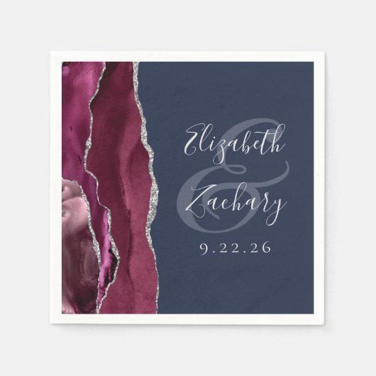 Burgundy Silver Agate Navy Blue Wedding Serviette (Vorderseite)