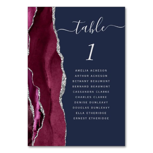 Burgundy Silver Agate Navy Blue Wedding Tischnummer (Vorderseite)