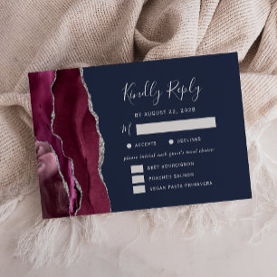 Burgundy Silver Agate Navy Meetingoptionen Hochzei RSVP Karte