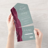 Burgundy Silver Agate Sage Green Wedding All In One Einladung (Abreißen)