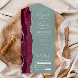 Burgundy Silver Agate Sage Green Wedding All In One Einladung<br><div class="desc">Die links Kulisse dieser eleganten, modernen und einladenden Hochzeitseinladung und der UAWG mit einer bordeauxfarbenen, mit Imitaten bestickten Aquarellgrenze mit silberfarbenem Glitzer. Der anpassbare Text kombiniert weiße Handschrift, Copperplate und kursiv Schriftart auf einem grünen Weiß-Hintergrund. Die Rücksendeadresse erscheint auf der Außentafel und auf der Rückseite der abnehmbaren RSVP-Karte in weißem...</div>