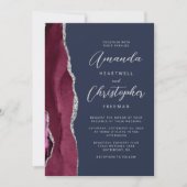 Burgundy Silver Agate Script Navy Blue Wedding Einladung (Vorderseite)