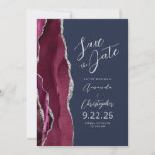 Burgundy Silver Agate Script Navy Save the Date Ankündigung (Vorderseite)