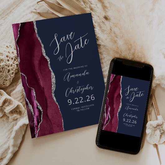 Burgundy Silver Agate Script Navy Save the Date Ankündigung