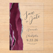 Burgundy Silver Agate Script Save the Date Acryleinladungen (Vorderseite)
